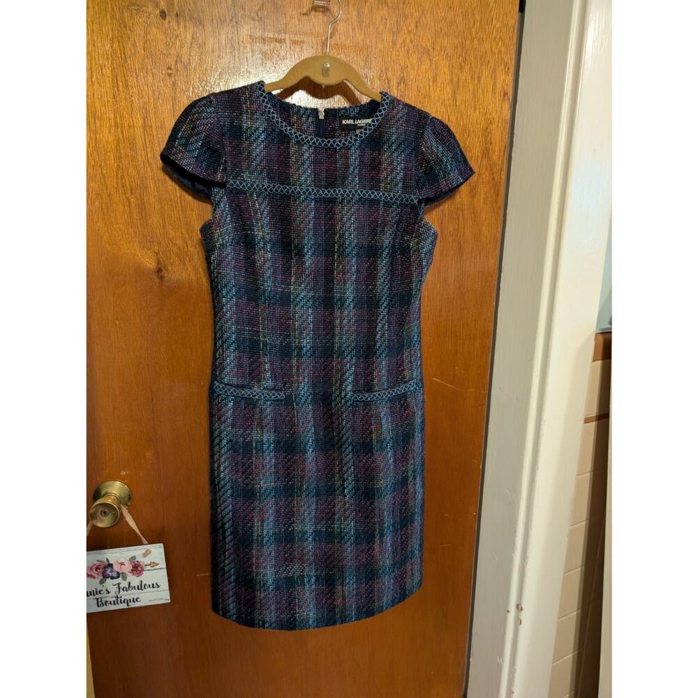 Karl Lagerfeld Paris Tweed Boucle Plaid Tweed Sheath Dress Size 2 EUC